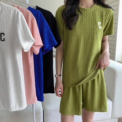 Tシャツ&イージーパンツ 夏服上下セット 半袖カジュアルスポーツウェアセット ウエストゴム 涼やか 半袖Tシャツ ルームウェア 短パン フィットネス 可愛い 21TAOZHUANG-002