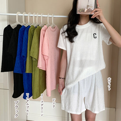 Tシャツ&イージーパンツ 夏服上下セット 半袖カジュアルスポーツウェアセット ウエストゴム 涼やか 半袖Tシャツ ルームウェア 短パン フィットネス 可愛い 21TAOZHUANG-002