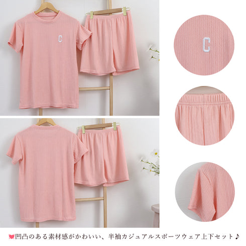 Tシャツ&イージーパンツ 夏服上下セット 半袖カジュアルスポーツウェアセット ウエストゴム 涼やか 半袖Tシャツ ルームウェア 短パン フィットネス 可愛い 21TAOZHUANG-002