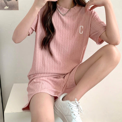 Tシャツ&イージーパンツ 夏服上下セット 半袖カジュアルスポーツウェアセット ウエストゴム 涼やか 半袖Tシャツ ルームウェア 短パン フィットネス 可愛い 21TAOZHUANG-002