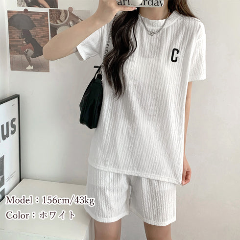 Tシャツ&イージーパンツ 夏服上下セット 半袖カジュアルスポーツウェアセット ウエストゴム 涼やか 半袖Tシャツ ルームウェア 短パン フィットネス 可愛い 21TAOZHUANG-002