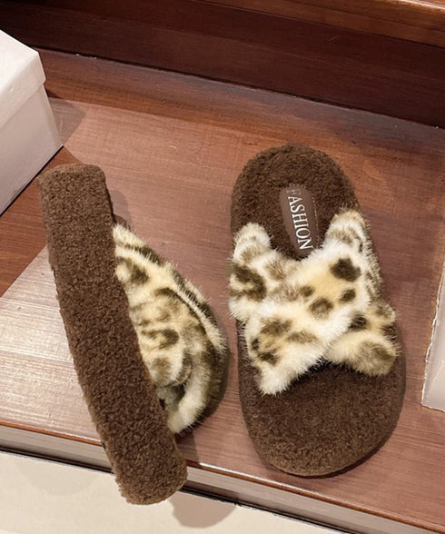 ファーサンダル 厚底韓国風ファースリッパ レオパードサンダルレディース もこもこあったかフラットシューズ 歩きやすい ふわふわ ルームシューズ 疲れない 寒さ対策 21XIEZI-001