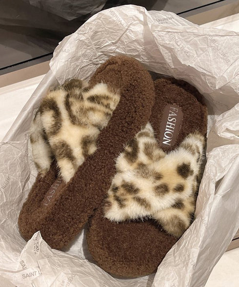 ファーサンダル 厚底韓国風ファースリッパ レオパードサンダルレディース もこもこあったかフラットシューズ 歩きやすい ふわふわ ルームシューズ 疲れない 寒さ対策 21XIEZI-001