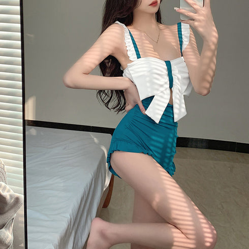 ビッグリボン ワンピース水着 レディース 韓国風スイムウェア バイカラー バックシャン ワンピ風オールインワン水着 裾フリルオトナ女子モノキニ オルチャン 海水浴 21YONGYI-001