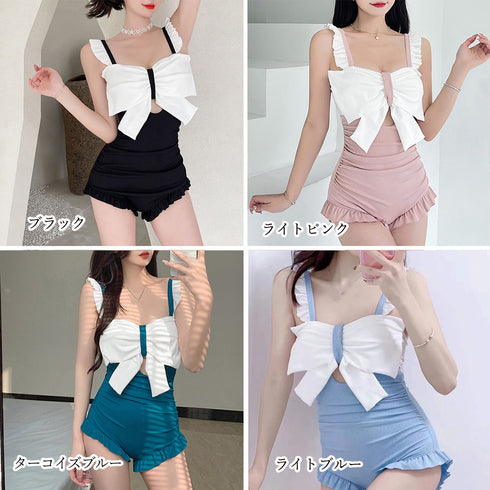 ビッグリボン ワンピース水着 レディース 韓国風スイムウェア バイカラー バックシャン ワンピ風オールインワン水着 裾フリルオトナ女子モノキニ オルチャン 海水浴 21YONGYI-001