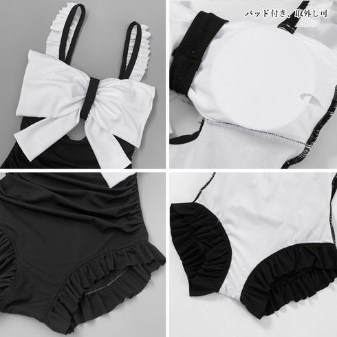 ビッグリボン ワンピース水着 レディース 韓国風スイムウェア バイカラー バックシャン ワンピ風オールインワン水着 裾フリルオトナ女子モノキニ オルチャン 海水浴 21YONGYI-001