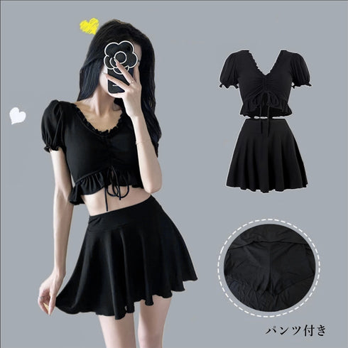 水着レディース ビキニ2点セット 韓国風 レースアップ水着2点セット 大人ガーリー セパレート水着 パンツ付きミニスカート 露出控えめビーチウェア 夏 海 海水浴 21YONGYI-004