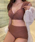 ツイストタンキニ レディース水着 可愛い ツイストリボンビキニ ハイウエスト セクシー ガーリー 上下2点セット 無地 韓国風 ビーチウェア 海 リゾート 夏休み 21YONGYI-005