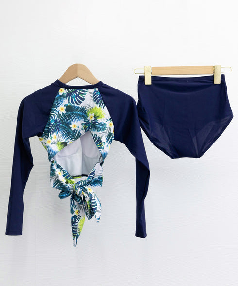 水着レディースタンキニ2点セットUVケア バックリボンフィットネス水着 花柄長袖トップス ショーツ 上下セット セパレート水着 韓国風 ハイウエスト バックシャン 21YONGYI-006