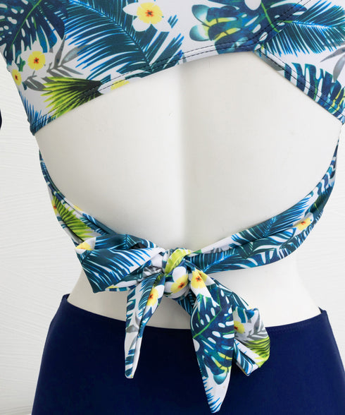 水着レディースタンキニ2点セットUVケア バックリボンフィットネス水着 花柄長袖トップス ショーツ 上下セット セパレート水着 韓国風 ハイウエスト バックシャン 21YONGYI-006