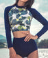水着レディースタンキニ2点セットUVケア バックリボンフィットネス水着 花柄長袖トップス ショーツ 上下セット セパレート水着 韓国風 ハイウエスト バックシャン 21YONGYI-006