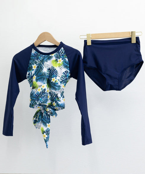 水着レディースタンキニ2点セットUVケア バックリボンフィットネス水着 花柄長袖トップス ショーツ 上下セット セパレート水着 韓国風 ハイウエスト バックシャン 21YONGYI-006