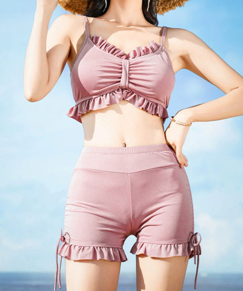 レディース水着三点セット 体型カバー水着 トップス付きセパレート水着 サイドドローストリング フリル大人可愛いママ水着 ラッシュガード プール海旅行 水着タンキニ 21YONGYI-010