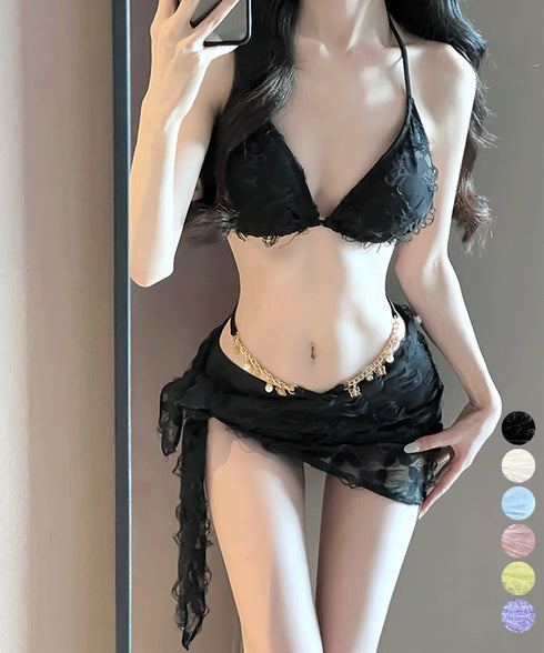 ビキニレディース セクシー水着3点セット スカート付きビキニ 韓国風水着 ホルターネックビキニ 体型カバー水着 シースルースカート セットアップ 水着おしゃれ 夏 21YONGYI-012