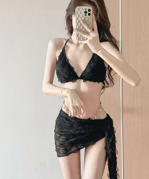 ビキニレディース セクシー水着3点セット スカート付きビキニ 韓国風水着 ホルターネックビキニ 体型カバー水着 シースルースカート セットアップ 水着おしゃれ 夏 21YONGYI-012