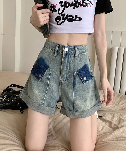 ロールアップ デニムショートパンツ 美脚 短パン レディース ハイウエスト ホットパンツ Aライン デニムワイド 着やせ ショーパン こなれ感 ジーンズ 春夏秋 24BDMS-002