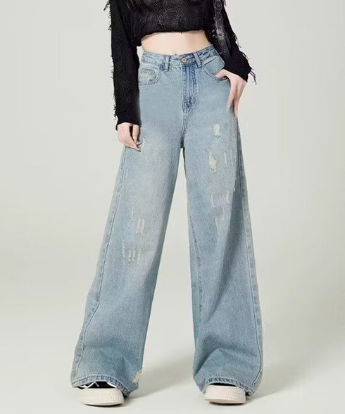 ダメージデニムパンツ ワイドレッグデニム レディース ハイウエスト ロングパンツ ウォッシュ加工 ストレートパンツ 着やせ 韓国風ジーパン ゆったり ボトムス脚長 24BDMS-018