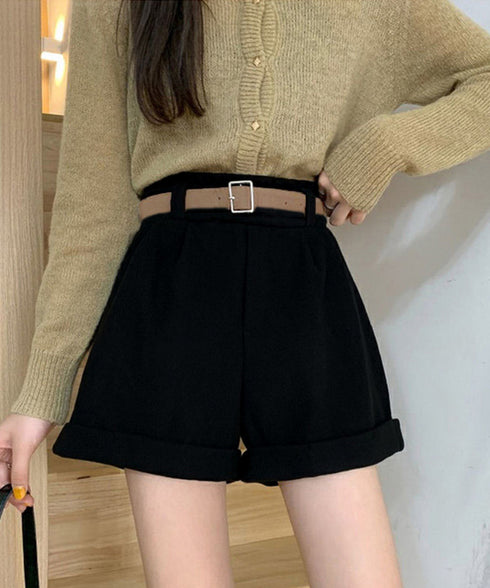 ベルト付き ショートパンツ コーデュロイ 裏起毛 ショーパン レディース ロールアップ短パン 美脚脚長 着やせホットパンツ ウエストゴム ボトムス 大人カジュアル 24BDMS-020