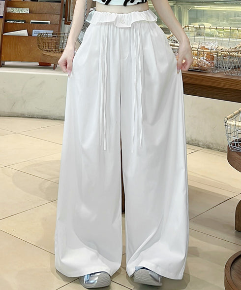 ワイドパンツ ウエストフリルロングパンツ ハイウエストストレートパンツ ウエストゴム お洒落 楽ちんイージーパンツ カジュアル 着やせパンツ ゆったり脚長ボトムス 24BDMS-026