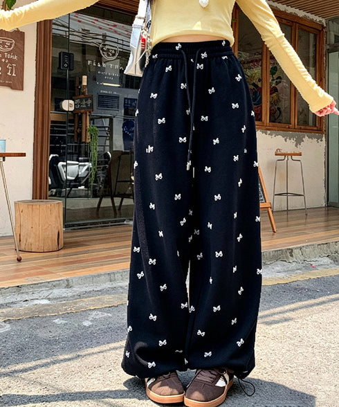スウェットパンツバタフライ柄ワイドパンツ レディース ドローストリング イージーパンツ ウエストゴムロングパンツ ハイウエストボトムス カジュアルストレートパンツ 24BDMS-030