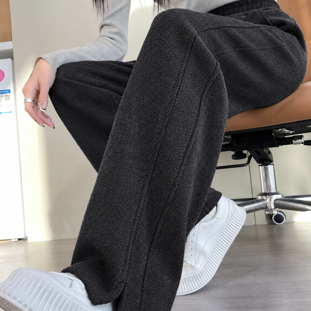 ヘリンボーン柄ストレートパンツ裾スリット チャコールグレー