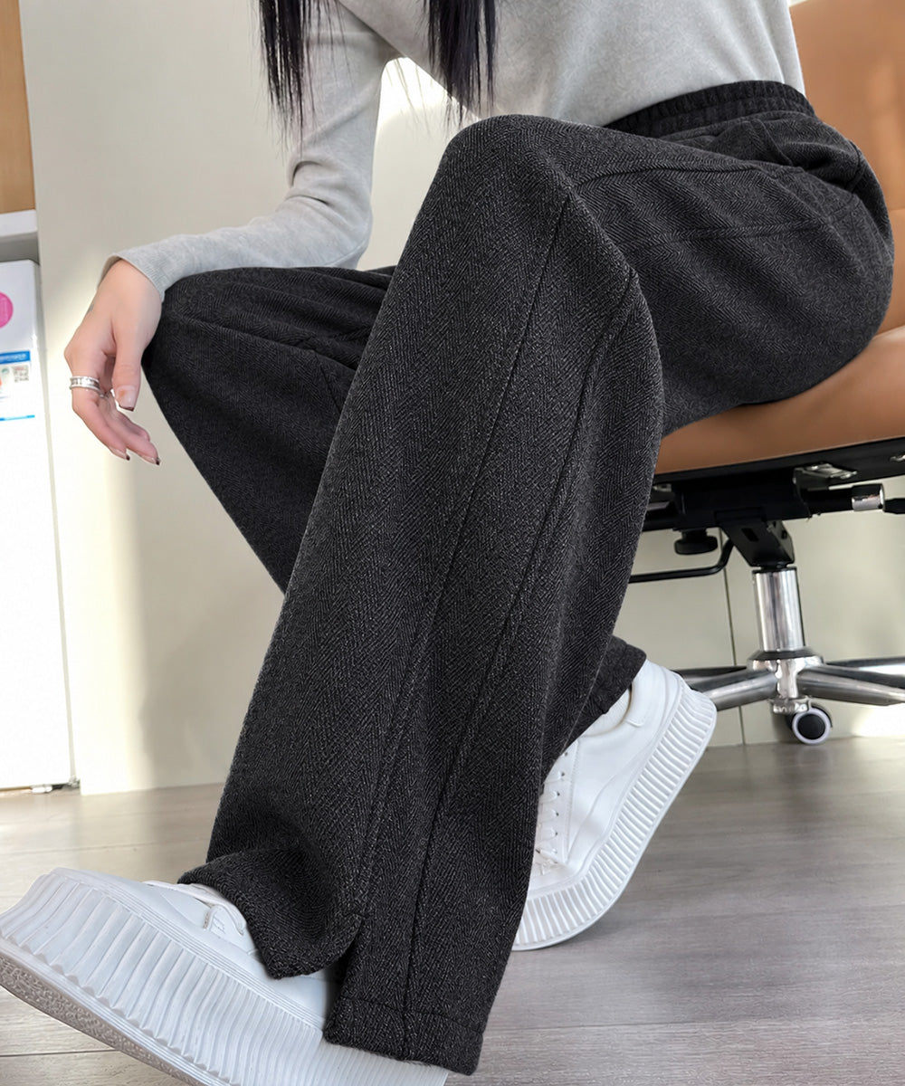 ヘリンボーン柄ストレートパンツ裾スリット チャコールグレー