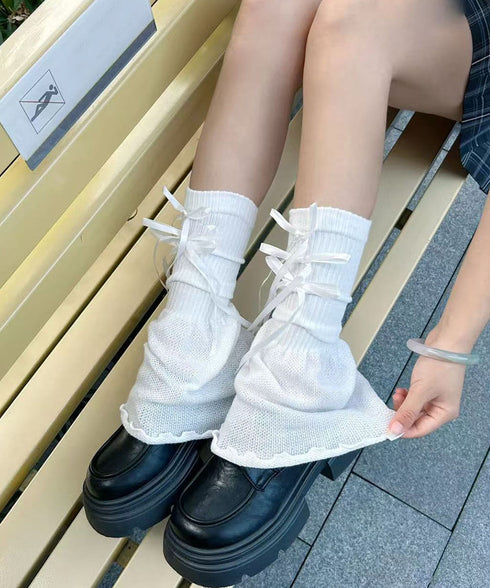 レッグウォーマー リボン付きレッグカバー レディース ボリューム 足首ウォーマー 裾フレア ルーズソックス JK美脚 コスチューム履きやすい 秋冬靴下 履きやすい 24KTST-002