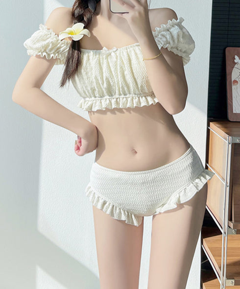 水着レディース ビキニスカート3点セット オフショルダートップス ショートパンツ ハイウエスト スカート水着セット 露出控えめスイムウェア おしゃれセパレート水着 24MZK-012