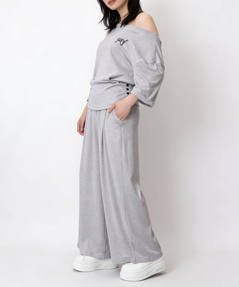 オフショルダートップスワイドパンツセット 大人カジュアル 肌見せ上下セット ウエストシェイプトップス ハイウエストイージーパンツ2点セットアップ ゆっる夏服セット 24SETOU-001