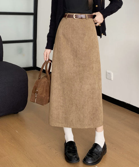 コーデュロイタイトスカート ベルト付き バックスリット ミモレ丈スカート レディース Aラインスカート 韓国風 普段着スカート ハイウエスト お洒落スカート秋冬 24SKT-006