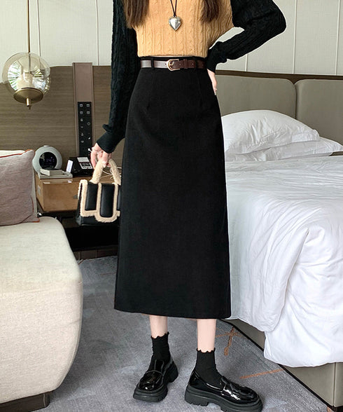コーデュロイタイトスカート ベルト付き バックスリット ミモレ丈スカート レディース Aラインスカート 韓国風 普段着スカート ハイウエスト お洒落スカート秋冬 24SKT-006