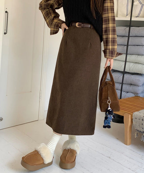 コーデュロイタイトスカート ベルト付き バックスリット ミモレ丈スカート レディース Aラインスカート 韓国風 普段着スカート ハイウエスト お洒落スカート秋冬 24SKT-006