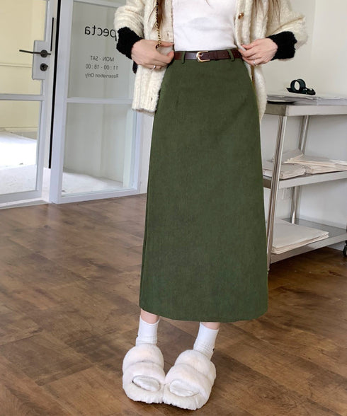 コーデュロイタイトスカート ベルト付き バックスリット ミモレ丈スカート レディース Aラインスカート 韓国風 普段着スカート ハイウエスト お洒落スカート秋冬 24SKT-006