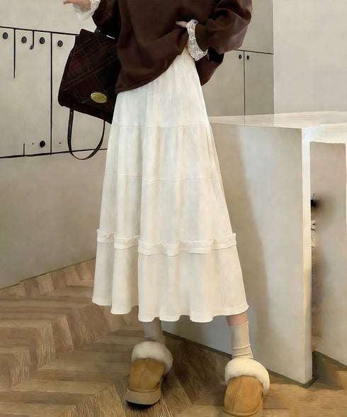 ティアードスカート コーデュロイスカート レディース ウエストゴム Aラインスカート 裏地付き 大人可愛いフレアスカート ハイウエスト ミモレスカート ナチュラル 24SKT-007