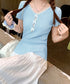 リボンレース付きリブニット Vネック夏服 レディース フェミニン プチプラサマーニット 韓国風 スリムフィットニット 大人可愛いカットソー きれいめ 細身Tシャツ 24TPS-040