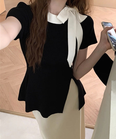 リボン付きニットトップス サイドスリット サマーニット レディース オフィスカジュアル ニットカットソー きれいめ 半袖薄手ニット おしゃれ ニットTシャツ着回し 24TPS-047