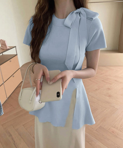 リボン付きニットトップス サイドスリット サマーニット レディース オフィスカジュアル ニットカットソー きれいめ 半袖薄手ニット おしゃれ ニットTシャツ着回し 24TPS-047