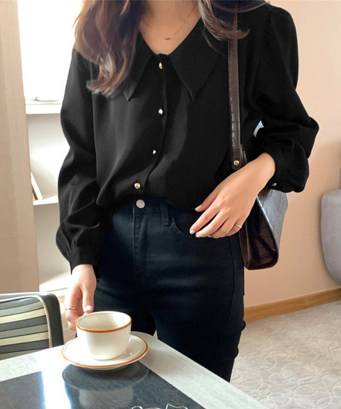 シャツブラウス ゴールドボタン ブラウス レディース 着やせ ゆったりブラウス オフィスカジュアル Vネックシャツ 体型カバー無地トップス 襟付き シャツ 春秋夏 24TPS-051
