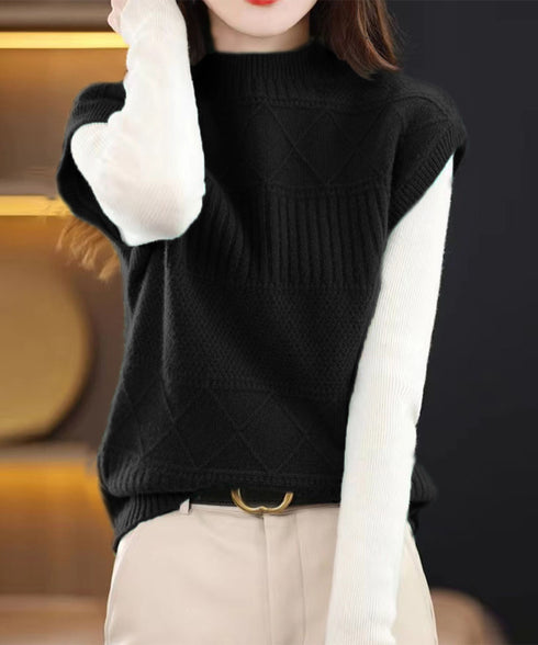 ニットベスト プチハイネック ニットジレ レディース 幾何学模様 ニットチョッキ 大人可愛い レイヤードベスト ノースリーブニットトップス 通学無地ベストセーター 24TPS-053