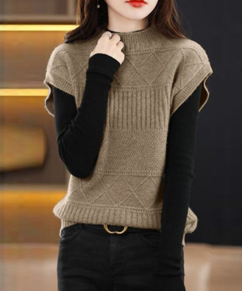 ニットベスト プチハイネック ニットジレ レディース 幾何学模様 ニットチョッキ 大人可愛い レイヤードベスト ノースリーブニットトップス 通学無地ベストセーター 24TPS-053