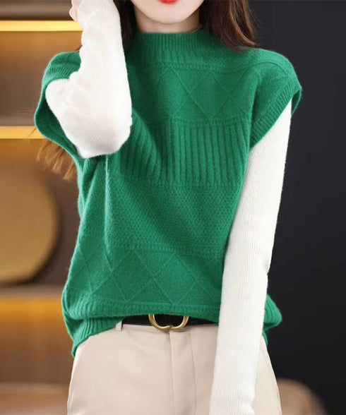 ニットベスト プチハイネック ニットジレ レディース 幾何学模様 ニットチョッキ 大人可愛い レイヤードベスト ノースリーブニットトップス 通学無地ベストセーター 24TPS-053