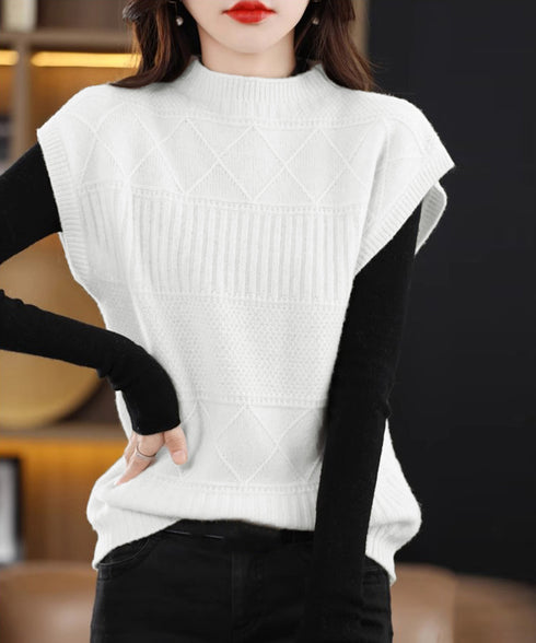 ニットベスト プチハイネック ニットジレ レディース 幾何学模様 ニットチョッキ 大人可愛い レイヤードベスト ノースリーブニットトップス 通学無地ベストセーター 24TPS-053