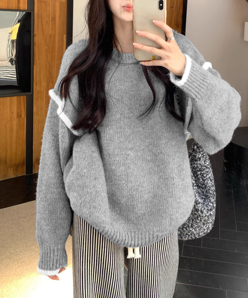 ゆったりニットトップスラウンドネック冬服 レディース 大人カジュアル ニットプルオーバー 体型カバーニットウェア ドロップショルダー 厚手ニットセーター あたたか 24TPS-056