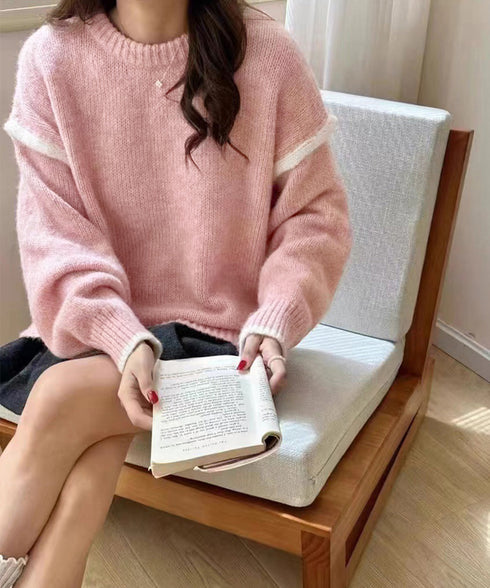 ゆったりニットトップスラウンドネック冬服 レディース 大人カジュアル ニットプルオーバー 体型カバーニットウェア ドロップショルダー 厚手ニットセーター あたたか 24TPS-056