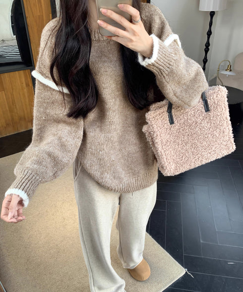 ゆったりニットトップスラウンドネック冬服 レディース 大人カジュアル ニットプルオーバー 体型カバーニットウェア ドロップショルダー 厚手ニットセーター あたたか 24TPS-056