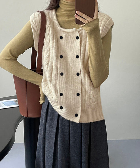 ケーブル編みニットベスト ダブルブレスト ニットジレ レディース 重ね着 ニットチョッキ ノースリーブ ニットトップス オフィスカジュアル レイヤードニットタンク 24TPS-057