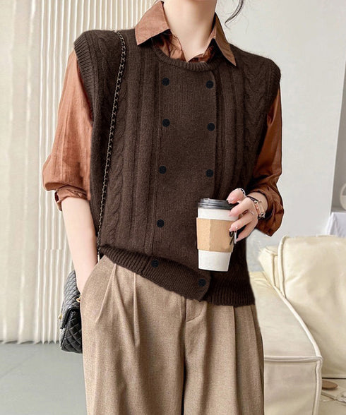 ケーブル編みニットベスト ダブルブレスト ニットジレ レディース 重ね着 ニットチョッキ ノースリーブ ニットトップス オフィスカジュアル レイヤードニットタンク 24TPS-057