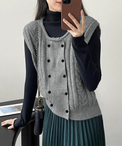 ケーブル編みニットベスト ダブルブレスト ニットジレ レディース 重ね着 ニットチョッキ ノースリーブ ニットトップス オフィスカジュアル レイヤードニットタンク 24TPS-057
