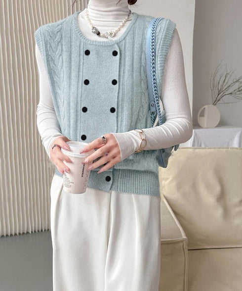 ケーブル編みニットベスト ダブルブレスト ニットジレ レディース 重ね着 ニットチョッキ ノースリーブ ニットトップス オフィスカジュアル レイヤードニットタンク 24TPS-057