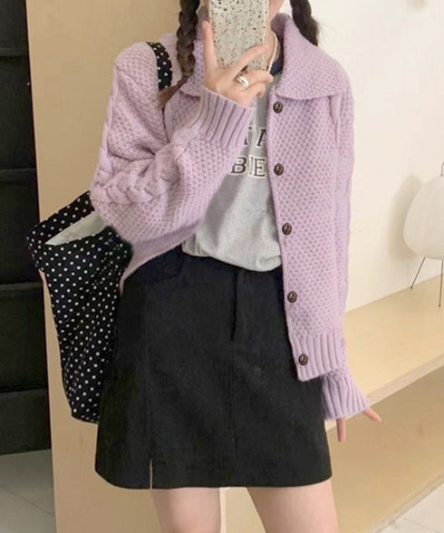 ケーブル編みニットカーディガン ビッグ襟 ニット羽織り レディース おしゃれニットトップス カジュアル 前開きニットウェア 着回し 秋冬服 韓国風 シンプルニット 24TPS-058